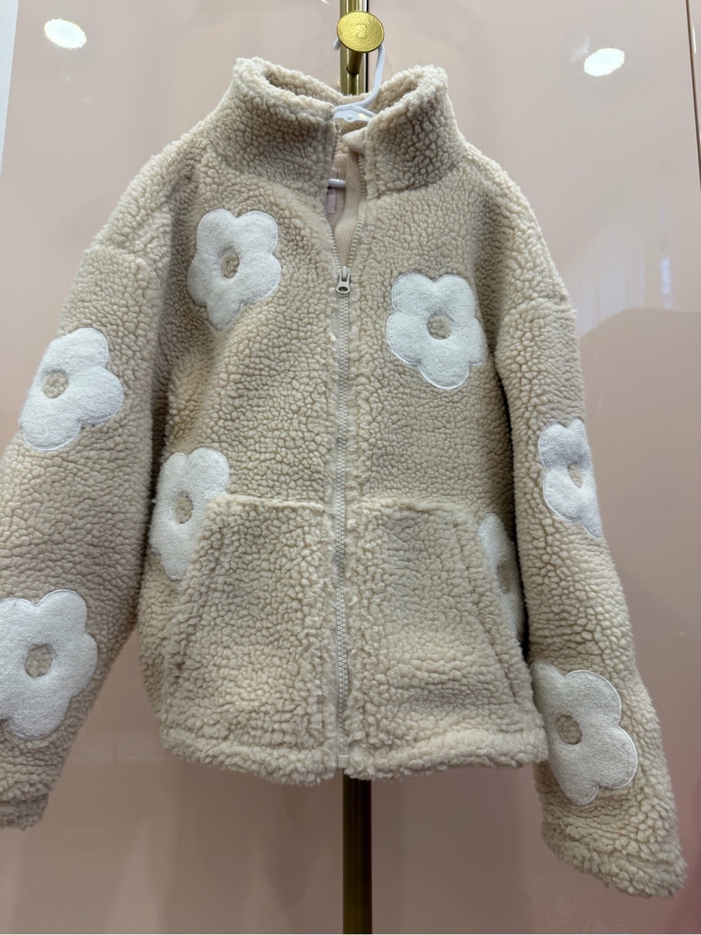 Cream Sherpa Puffer Jacket with White Flower Appliqués for Kids
